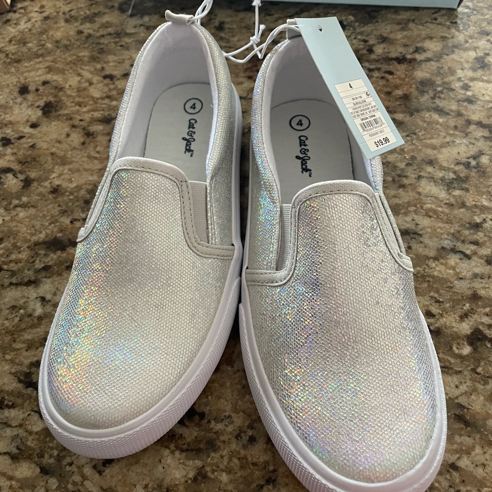 Brand new size 4 silver cat and jack slip on shoes